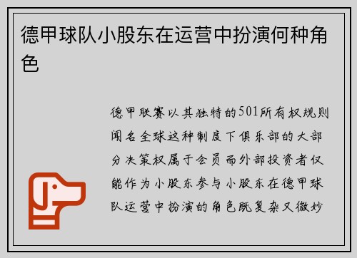 德甲球队小股东在运营中扮演何种角色