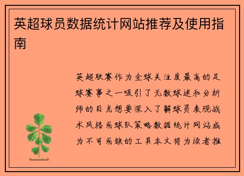 英超球员数据统计网站推荐及使用指南