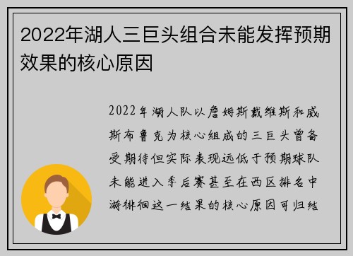 2022年湖人三巨头组合未能发挥预期效果的核心原因
